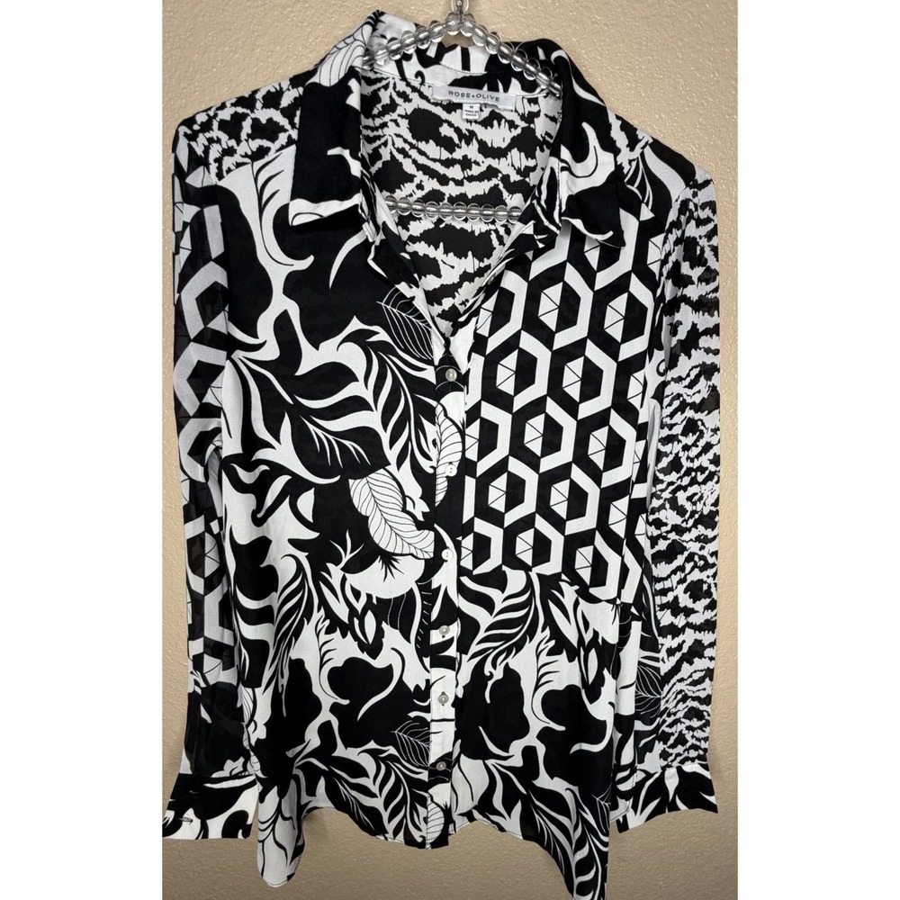 Rose + Olive Blouse M Black White Mixed Print Button Down Geometric Floral Boho